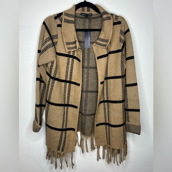 NWT Sweater Cardigan Medium Caramel Brown Adrienne Vittadini Plaid Knit Fringe - Picture 1 of 6